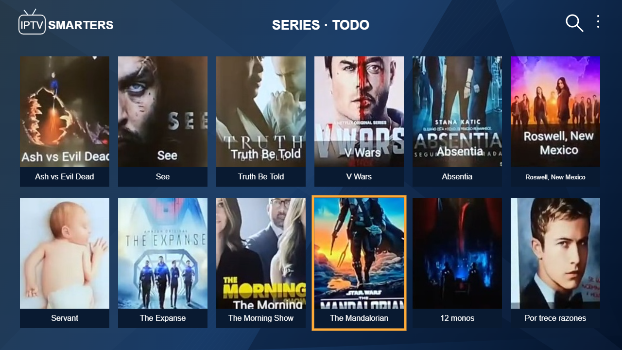 Retícula del catálogo de series con The Mandalorian seleccionada